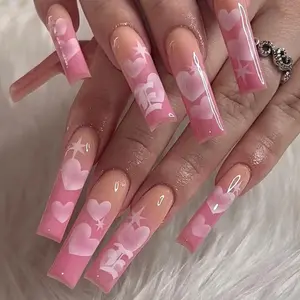 24pcs Ultra-Long Trapezoidal False Nails Set, Heart Gradient, Soft Edges, Starburst Pattern, Y2K Style, Nail Art Design, Perfect for Daily Wear & Parties