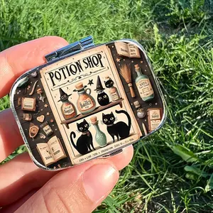 Compact Pill Case with Mirror, Vintage Witchy Design, Double Compartment, Portable Travel Organiser, Ideal for Halloween & Cats
