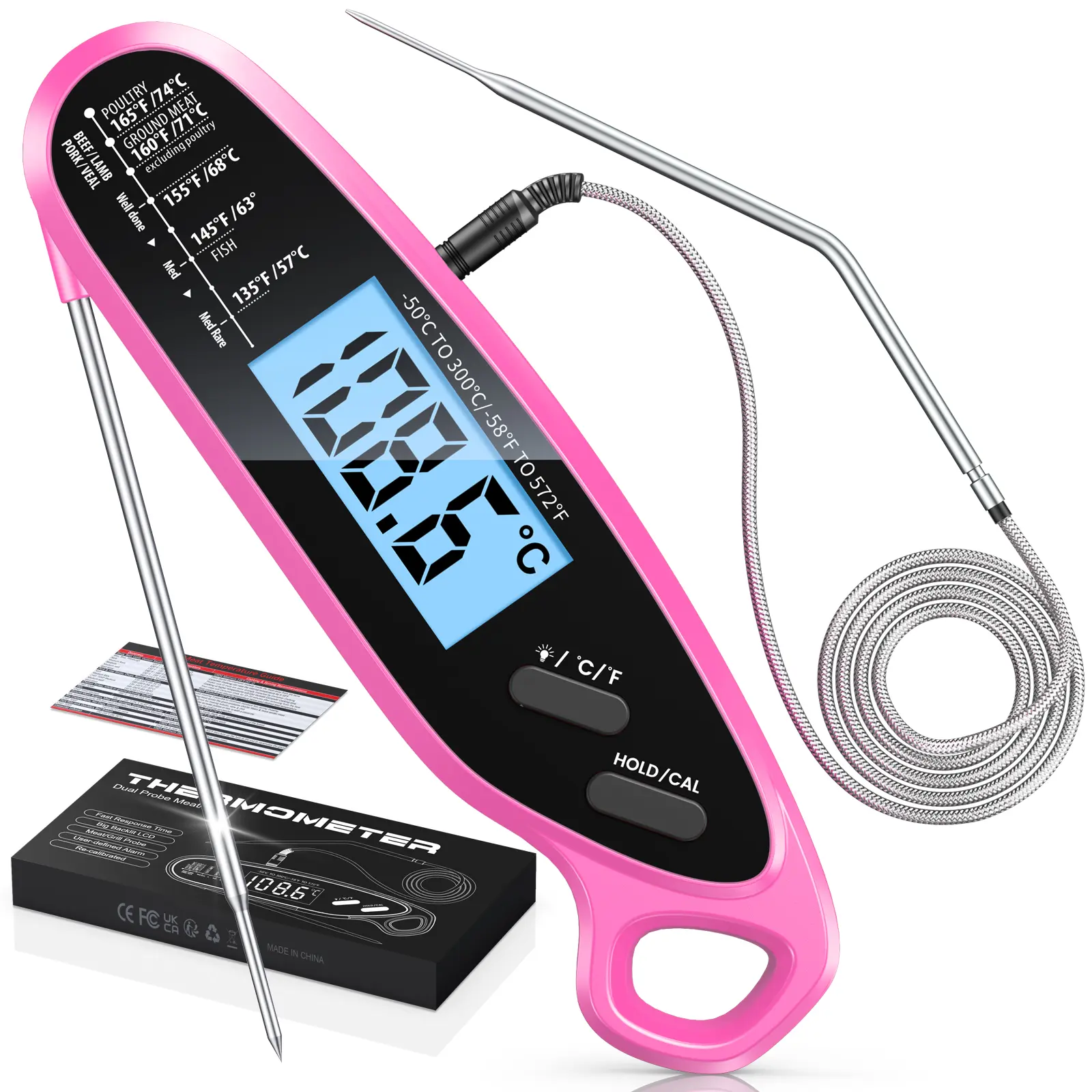 Digital Instant Read Meat Thermometer with Dual Probe, Big Backlit LED Display, Calibration Function - Kitchen Gadgets, Oven, Oil Use, Battery-Powered Kitchen Utensil for Grill, Outdoor Cooking