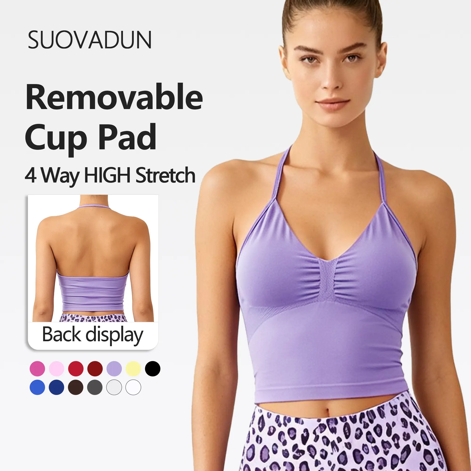 SUNVADUN B377 Sportswear Top Lace-Up Sleeveless Yoga Vest V-Neck Stretch Vest Crop Top for Women Fitness Vest Open Back Athletic Minimalistic Activewear Gym Apparel with Removable Cup Moisture Wicking Quick-Drying High Elasticity Strength Training Vests A