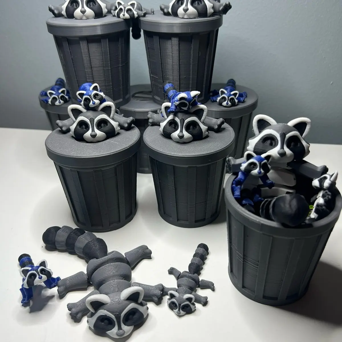3D printed trash panda with 2 baby figurines in the trashcan Decor 3d printed raccoon