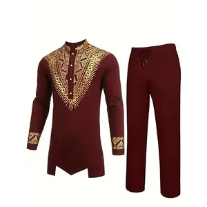 Men's 2 Piece Set Metallic Traditional Suit Floral Printed Mens Dashiki Shirt and Pants Outfit