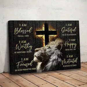 Lion & Cross Pattern Canvas Painting with Frame, 1 Count Inspirational Quote Print, Wall Art Decor for Home Living Room Bedroom, Christ Cross Print, Religious, Wooden Cross Decorations