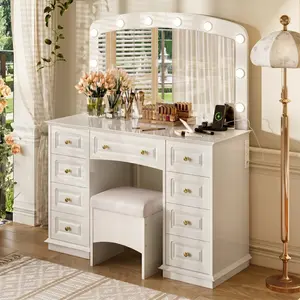 Aobtkel®<Old SKU: N704P328549A>Luxurious Makeup Vanity with 10 Hollywood Bulbs, 3 Color Lighting Modes, Classic Dressing Table with Cushioned Stool and 9 Storage Drawers for Bedroom#Summervibes