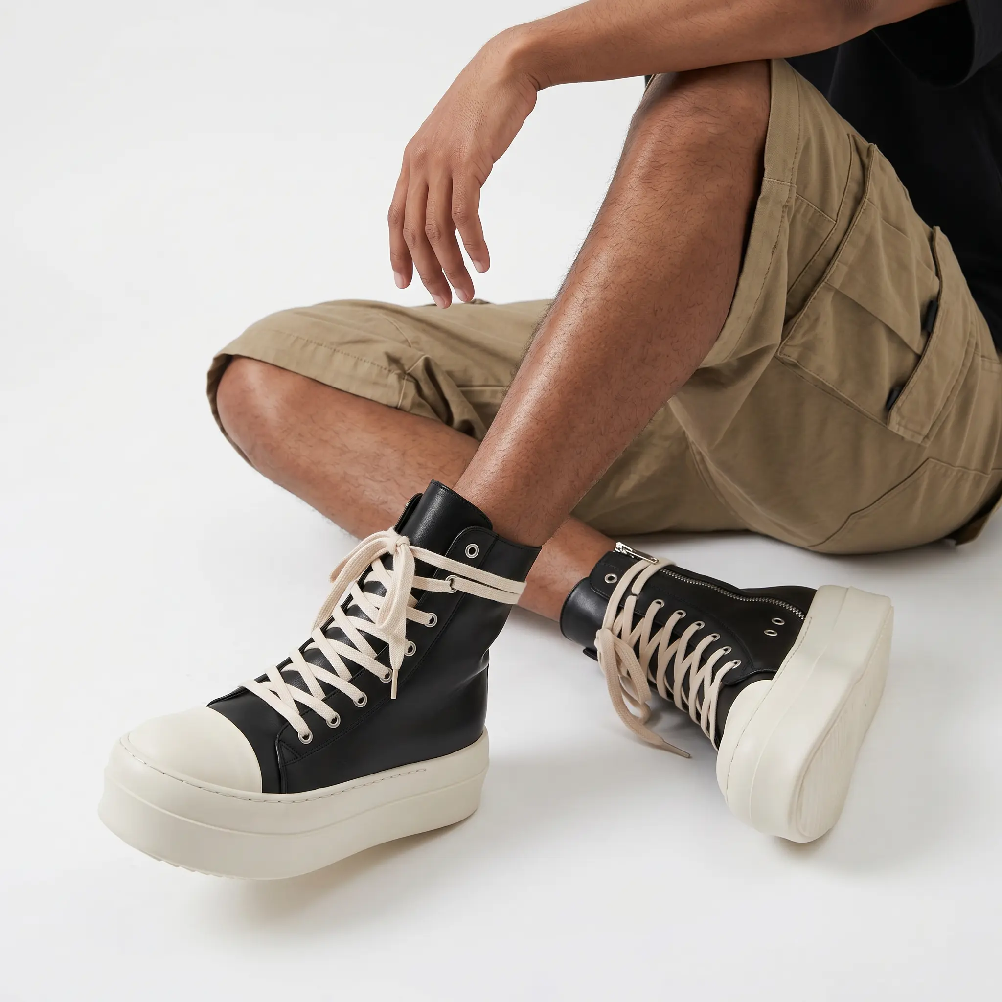 Black White Contrast Leather High Top Sneakers Side Zipper Thick Platform Height Boost Skate Shoes Beige Wide Lace Ankle Boots Soft Insole Non Slip Rubber Sole Punk Street Casual Footwear Daily Outdoor Wear Resistant Unisex Shoes