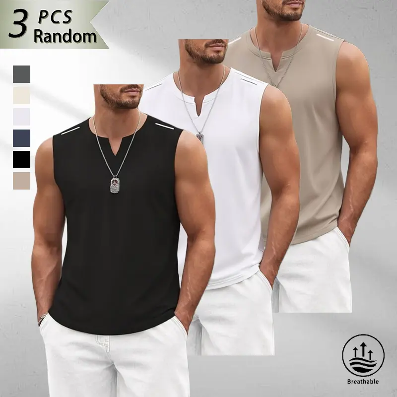 3-pack summer men’s V-neck sleeveless tank tops with contrasting striped accents at the shoulders, breathable and cool slim fit, versatile for sports, fitness, and casual outdoor wear, soft and skin-friendly fabric that provides a “naked feel” when worn.