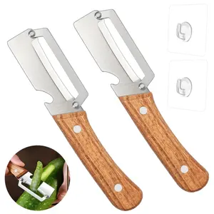 2 Pack Multifunctional Vegetable Peeler, 2-in-1 Kitchen Peeler with Bottle Opener, Sharp Stainless Steel Swivel Blade, Wooden Handle, for Potato, Carrot, Apple & Fruits