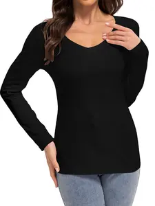 Womens Fall Deep V Neck Long Sleeve Shirts Slim Fit Basic Tee Tops