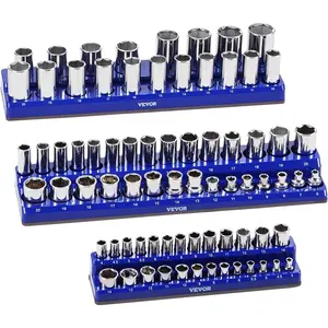 TikTokShopBlackFridayVEVOR Magnetic Socket Organizer Set, 3PCS Magnetic Socket Holder, 1/4'', 3/8'' & 1/2'' Metric Socket Trays with Clear Labels, Hold up to 75PCS Standard & Deep Sockets, Blue (Sockets Not Included)