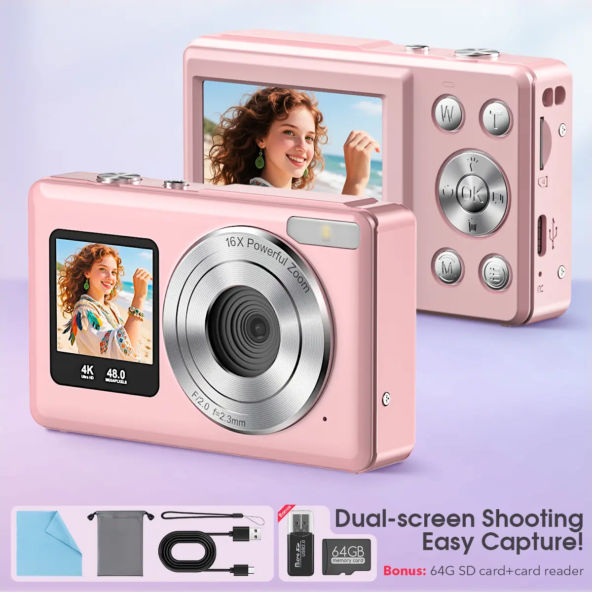 HOTU Dual Screen Selfie Camera 4K Mini Y2K Pocket Camera 18X Digital Zoom Rear & Front Lens Rechargeable Type-C Fast Charging Easy Button Control Built-in Filters 64G Card Included Pink Memory Gadget for Kids Teens & Vlogging