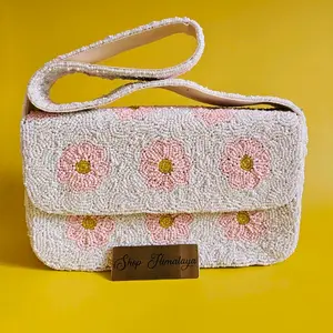 Handmade Beaded Floral Clutch Bag - Pink & White Daisy Design - Elegant Evening Shoulder Purse with Magnetic Closure