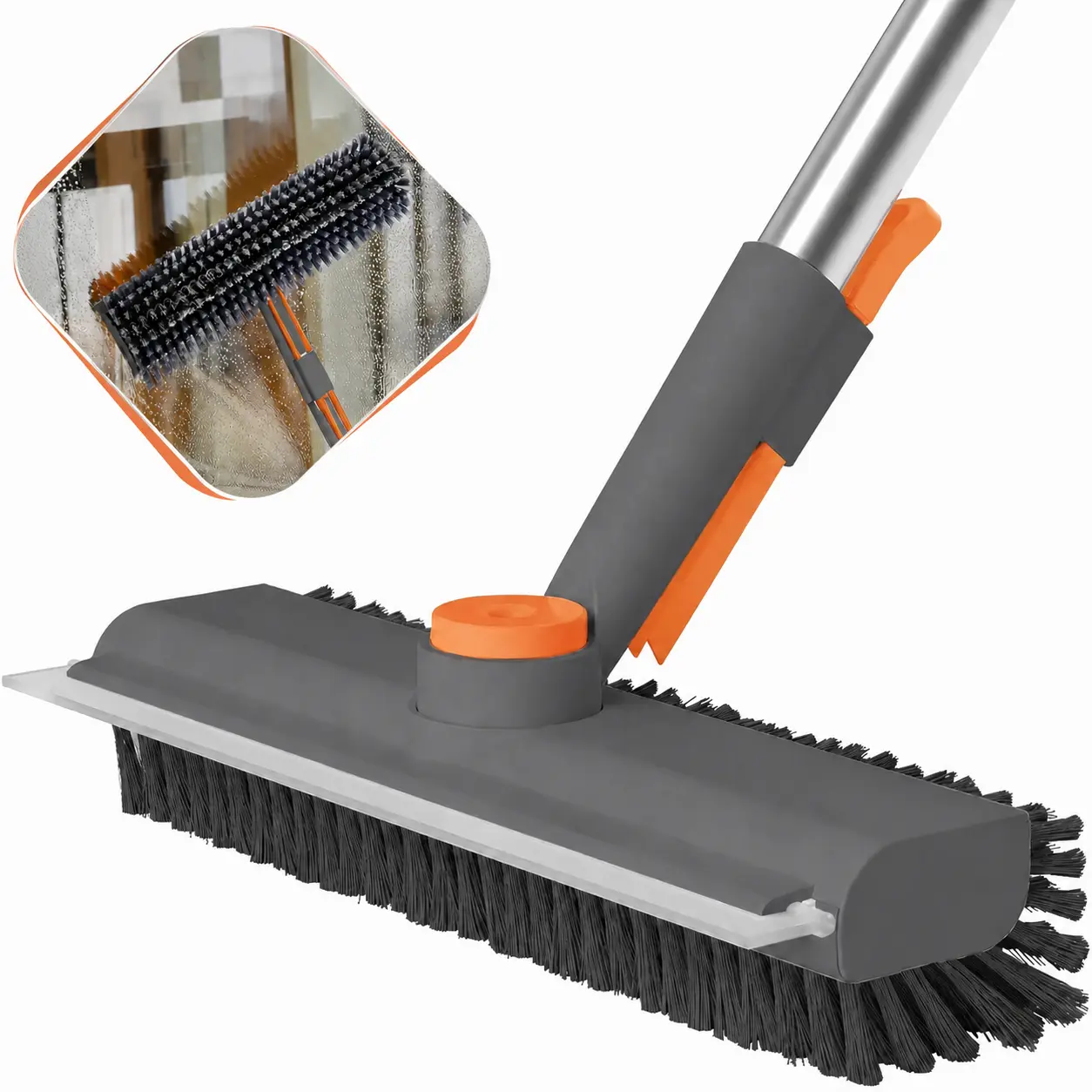 3-in-1 Adjustable Long Handle Floor Brush,Stiff Bristles and Silicone Squeegee, 360° Rotating & Click-Lock, 4 Rods for 3 Lengths, 45° No-Bend Ergonomic Design,for Bathroom, Glass, Garage, Kitchen & Pool