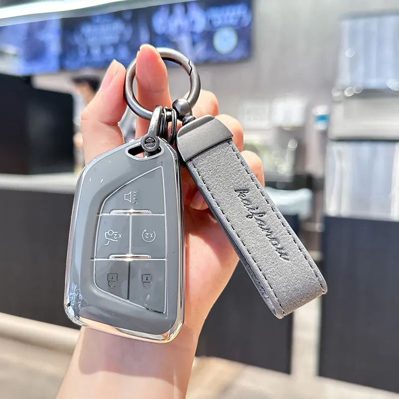 ACEBOY For Cadillac Key Fob Cover With Metal Braided Rope Keychain, Upgraded Soft Case For 2020-Up CT4 CT5 CT6 XTS XT4 XT5 ATS Etc.(5 Buttons) Fob Shell
