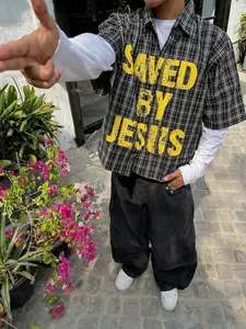 1 Piece Men's Short Sleeve Shirt, Vintage Black and White Check with "Saved by Jesus" Graphic Print, Retro Religious Top for Christian Youth and Casual Daily Wear, Bootleg Inspired Shirt