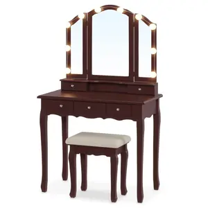 Makeup Vanity Set with LED Mirror Cushioned Stool Brown