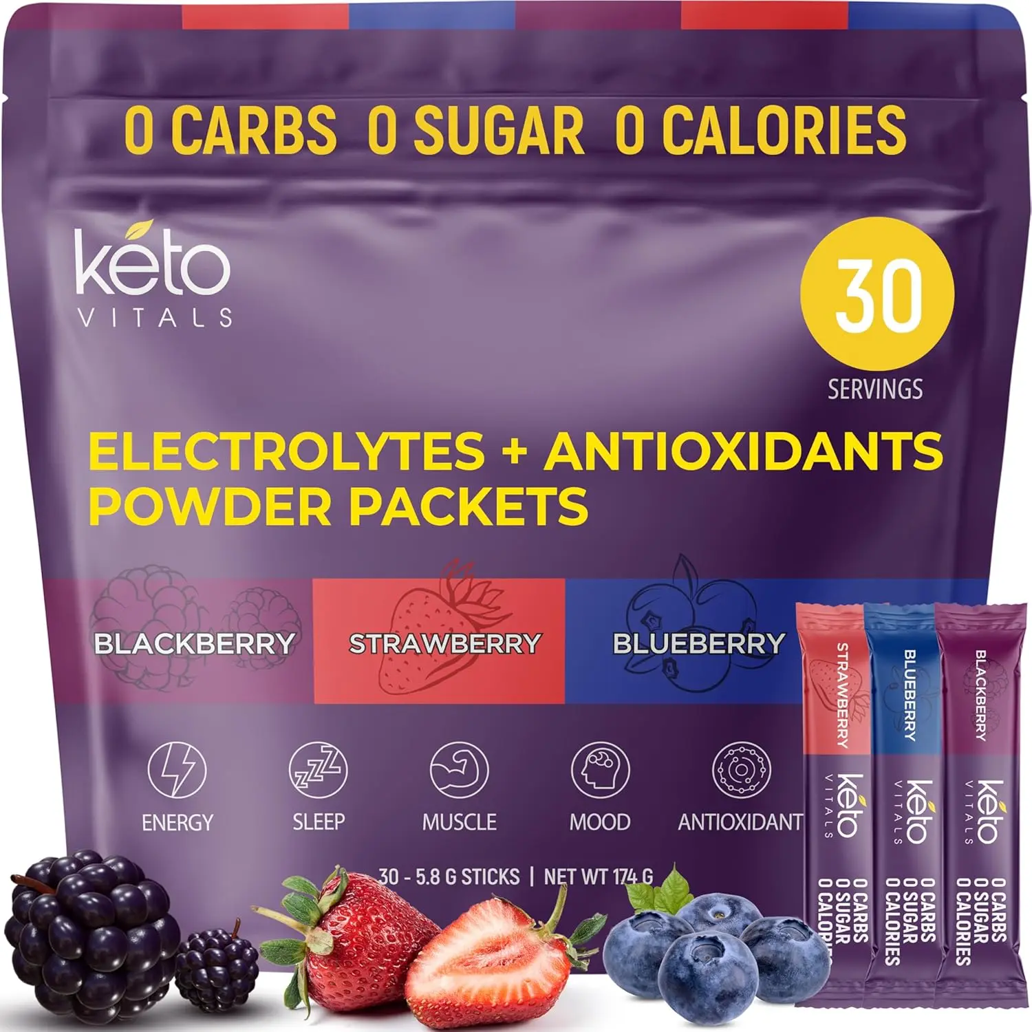 Keto Vitals Berry Antioxidant Electrolyte Powder Packets |Variety Individual Packets | Energy Drink Mix| Zero Calorie | Zero Carb Berry Flavor