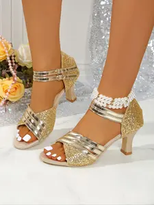 Women's Fashionable Glitter High Heel Sandals, Glitter Strappy Sandals, Elegant Sandals for Party, Daily Clothing Decor for Women & Girls, Summer