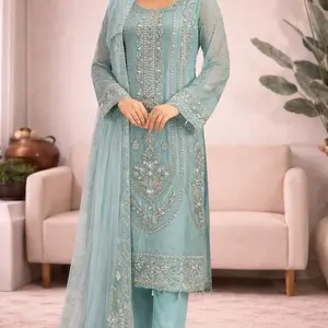 Pakistani Dress N - Elegant Light Blue Embroidered Kurta with Matching Net Dupatta and Pants Casual Womenswear Long Sleeve