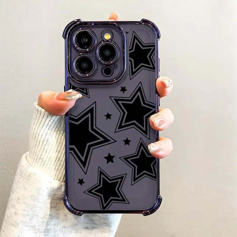 Black Star Pattern Phone Case , Electroplated Cover with Airbag Shockproof Slim Soft TPU Cover,Phone Case Suitable for IPhone11/12/13/14/15/16/17 Air Pro Promax Plus, Accessories, Durable, Durable Cover, Shockproof Cellphone