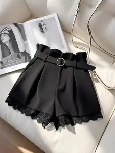 Women's Elegant Summer Shorts with Belt, Fitted Solid Color Shorts with Contrast Lace Trim, Fashionable Versatile Style, Ladies' Clothing