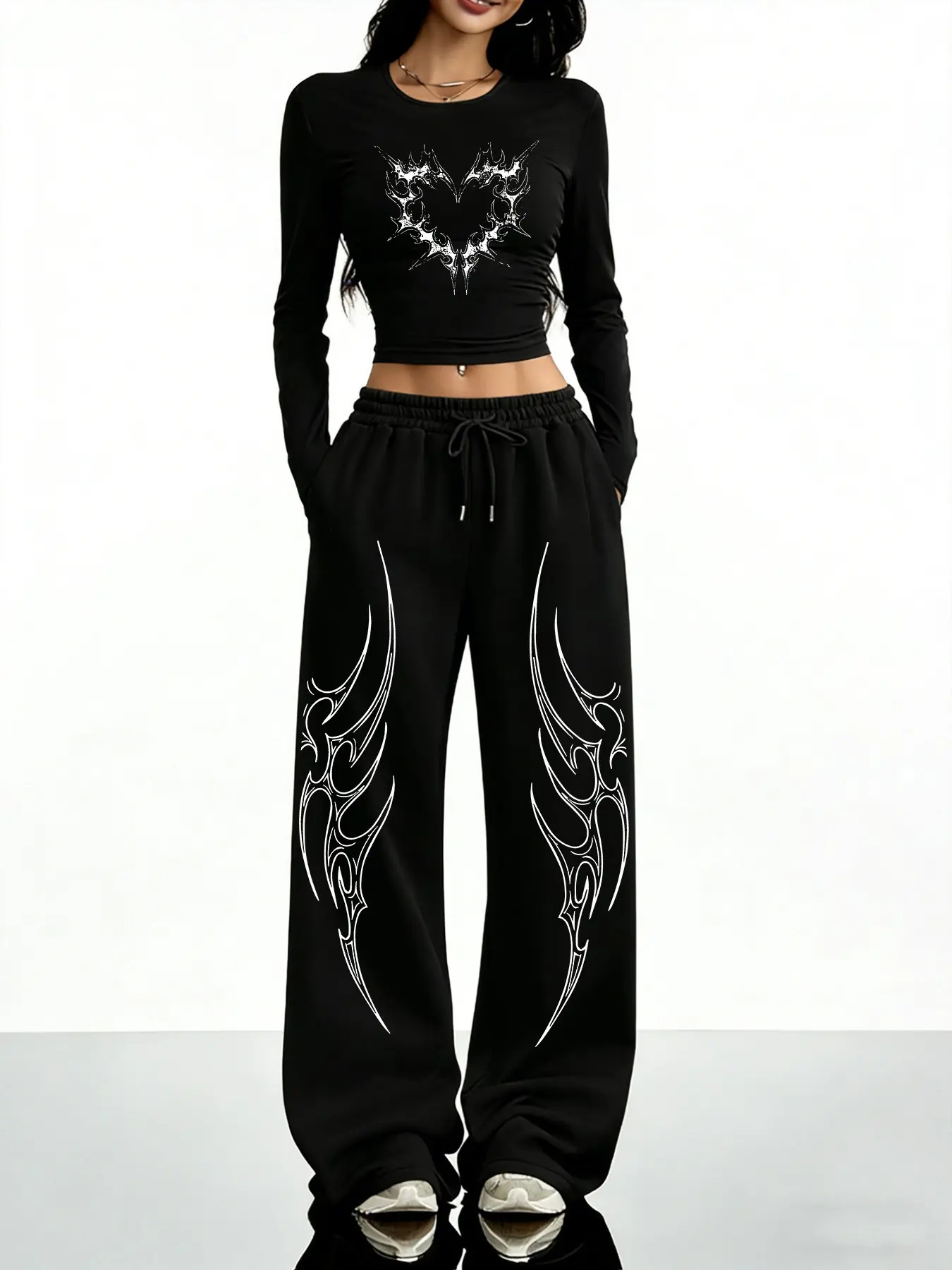 Women's Slim Fit Round Neck Long Sleeve Top + Casual Straight Leg Sport Pants Set, Gothic Print, All Seasons, Streetwear Tracksuit Set, Athleisure Sportswear Set, Athleisure Workout Set