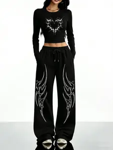 Women's Slim Fit Round Neck Long Sleeve Top + Casual Straight Leg Sport Pants Set, Gothic Print, Loose-Fitting, All Seasons, Sweatsuits Set, Sweatsuit Set Outfit