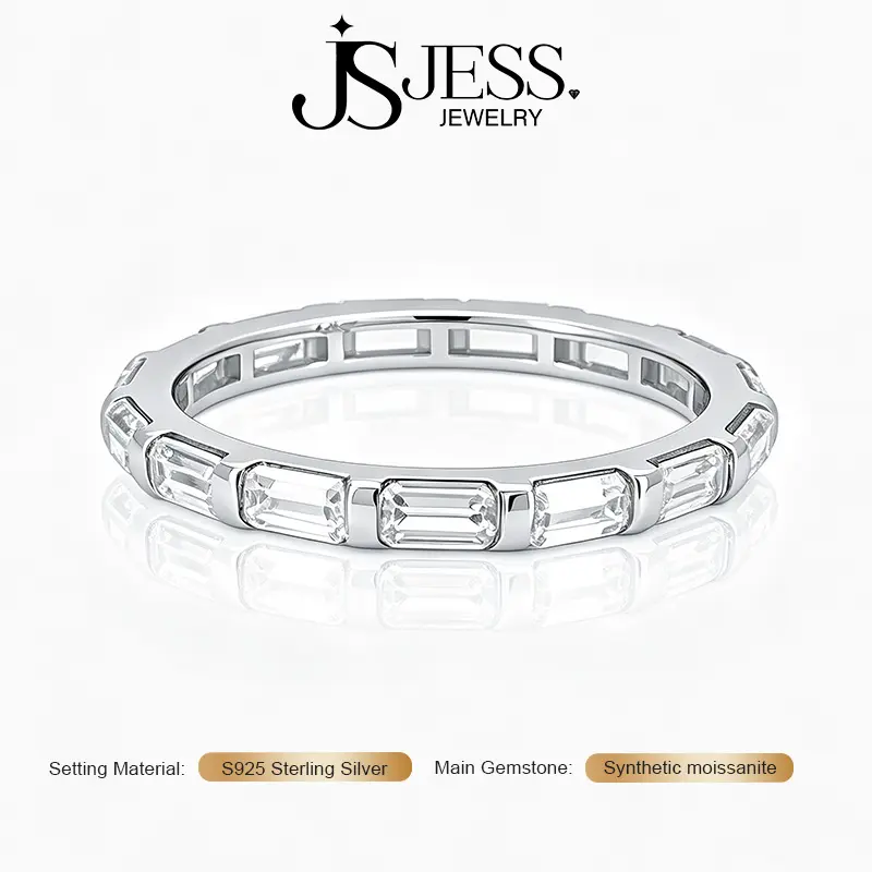 【Baguette band】3Carat 2*4mm*15 DE Color VVS1 Emerald Cut Moissanite Engagement Ring, S925 Sterling Silver Wedding Band for Women