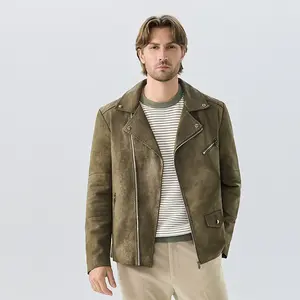Men's Vintage Olive Green Faux Suede Motorcycle Jacket, Casual Biker Outerwear with Slant Zip Pockets
