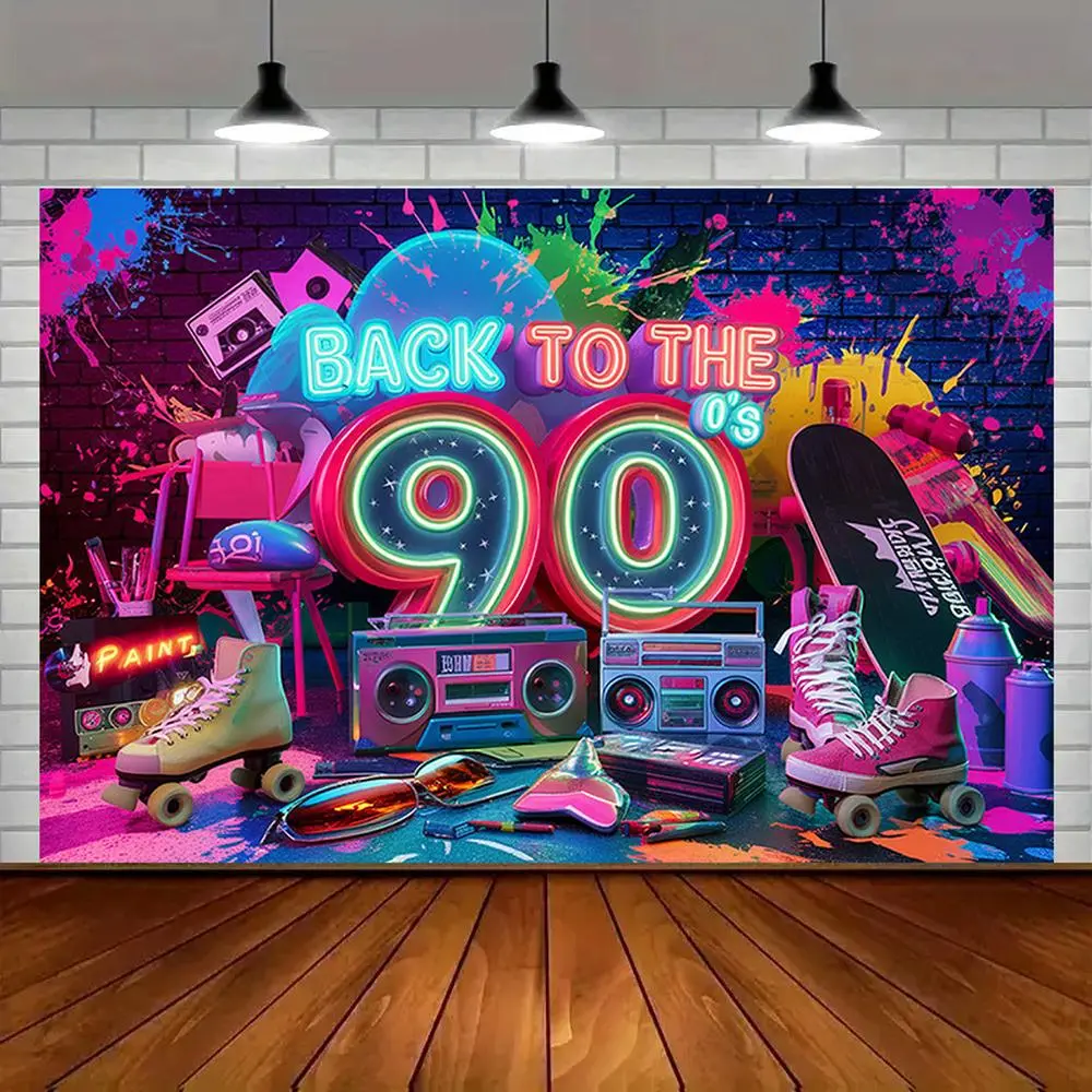 90's Retro Neon Party Banner - 1pc Vibrant Polyester Decor with "Back to the 90's" Sign, Skateboards, Radio, Reusable Photo Prop, Photo Booth Accessory for Birthday, Indoor/Outdoor Home Party Supplies,summerwins