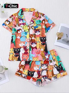 Cute Cat Print Women's Matching Pj Set, Short Sleeve Button Front Top & Elastic Shorts, Casual Summer Sleepwear, 2 Piece