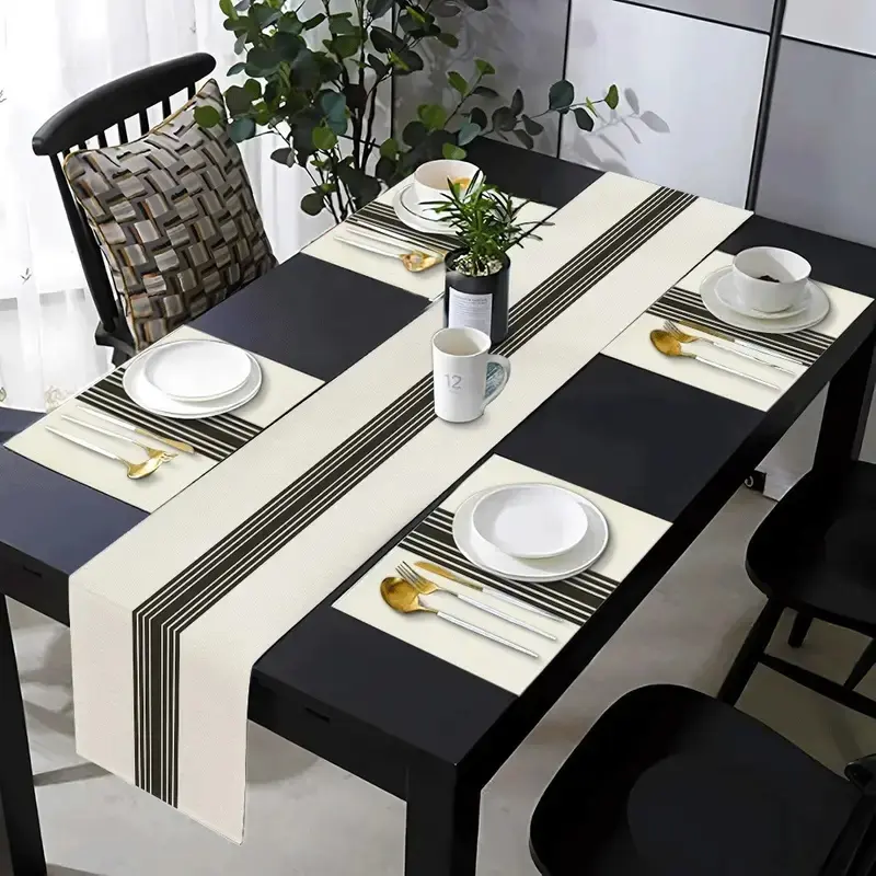 1 piece/5 piece set/7 piece table flag+Kitchen Decorative placemat set, Coasters, Rectangle, with black and white striped pattern design suitable for daily use in kitchens, dining tables, living rooms, weddings, indoor and outdoor homes, holiday gifts