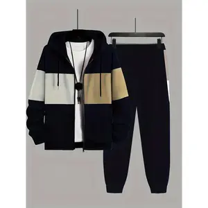Large Men'S 2pcs Set, Contrasting Hooded Jacket And Jogging Pants Set For Spring, Autumn, And Winter, Men'S Clothing