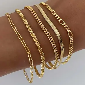 5PCS Waterproof 14K Real hypoallergenic Gold Jewelry Set for Women – Trendy Thin Dainty Stackable Cuban Link, Paperclip Chain Bracelet Pack, Fashion Accessories Gifts for Women non-tarnish Christmas Gift