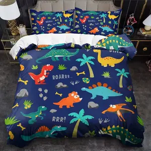3pcs Cartoon Dinosaur Print Decorative Duvet Cover Set, Soft Breathable Polyester Fabric, All Seasons, Bedroom Bedding Decor