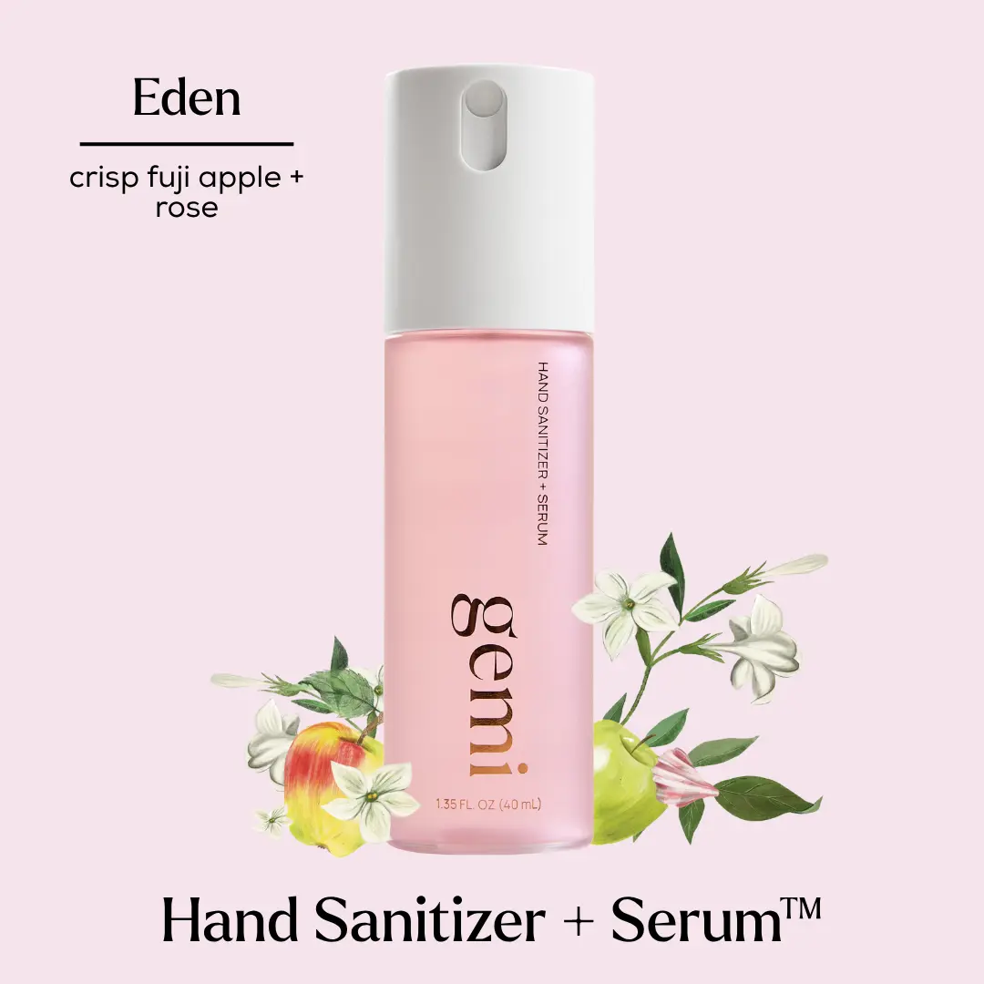 Eden Hand Sanitizer | gemi beauty | Hand Sanitizer + Serum Spray | Hydrating K-Beauty Formula with Centella, Vitamin B5 & Green Tea | Kills 99.9% of Germs | Fruity Floral Scent with Fuji Apple, Rose & Jasmine