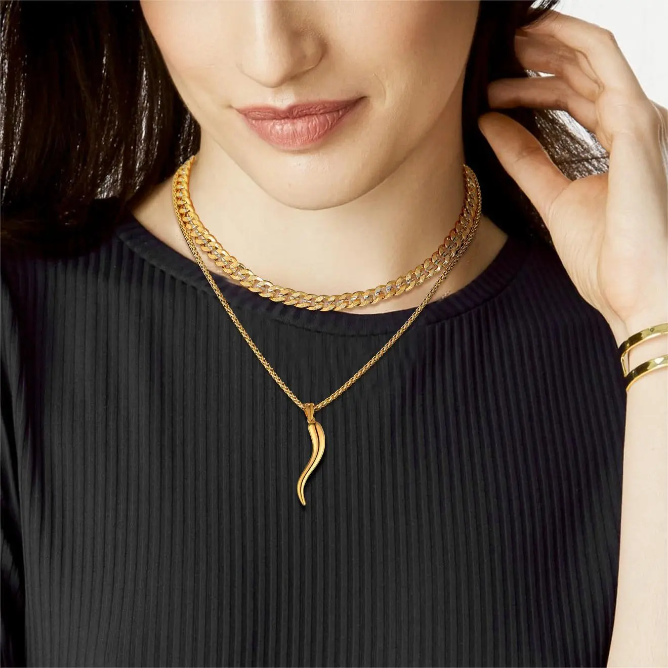 FaithHeart Hypoallergenic Italian Horn Cornicello Pendant Necklace - Classic Statement Charm Necklace, Summervibe Stainless Steel Lucky Protection Talisman, Gold Silver Black Rose Gold Blue Options, Exquisite Jewelry Gift for Men Women, Classic Statement,