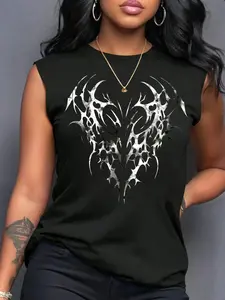 Women's Gothic Pattern Print Round Neck Vest, Comfortable Casual Daily Wear, Fashionable T-Shirt Vest, Perfect for Spring & Summer