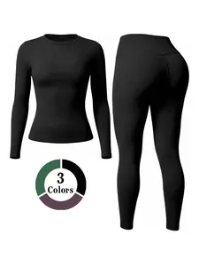 Women's Plain Sporty Yoga Set, High Waist Long Sleeve Top & Tight Leggings, Casual Running for All Seasons