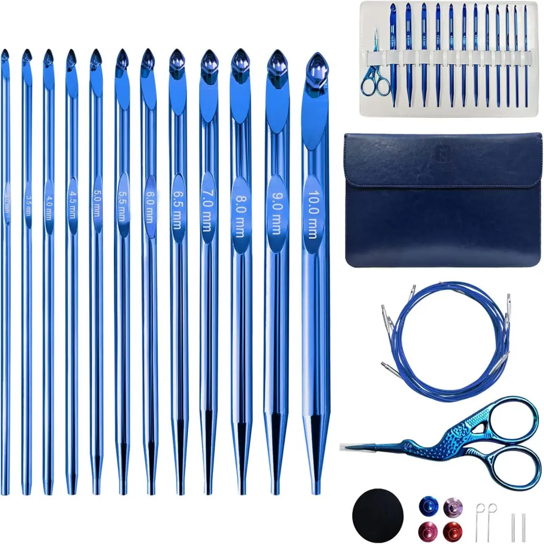 Tunisian Crochet Hooks Set - 26pcs Interchangeable Metal Kit for Afghan Stitch & Handcrafts, 3-10mm Sizes, Long Cable, Ergonomic Grips, Blue Case, Knitting Projects
