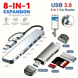 RAMMIND 6-In-1,8-In-1USB Adapter with USB-C Port, Type C USB, USB C Interface, TF/SD Card Reader, Memory Card Reader, 3.5mm Audio Output, Portable Data Transfer & Expansion, High Speed USB