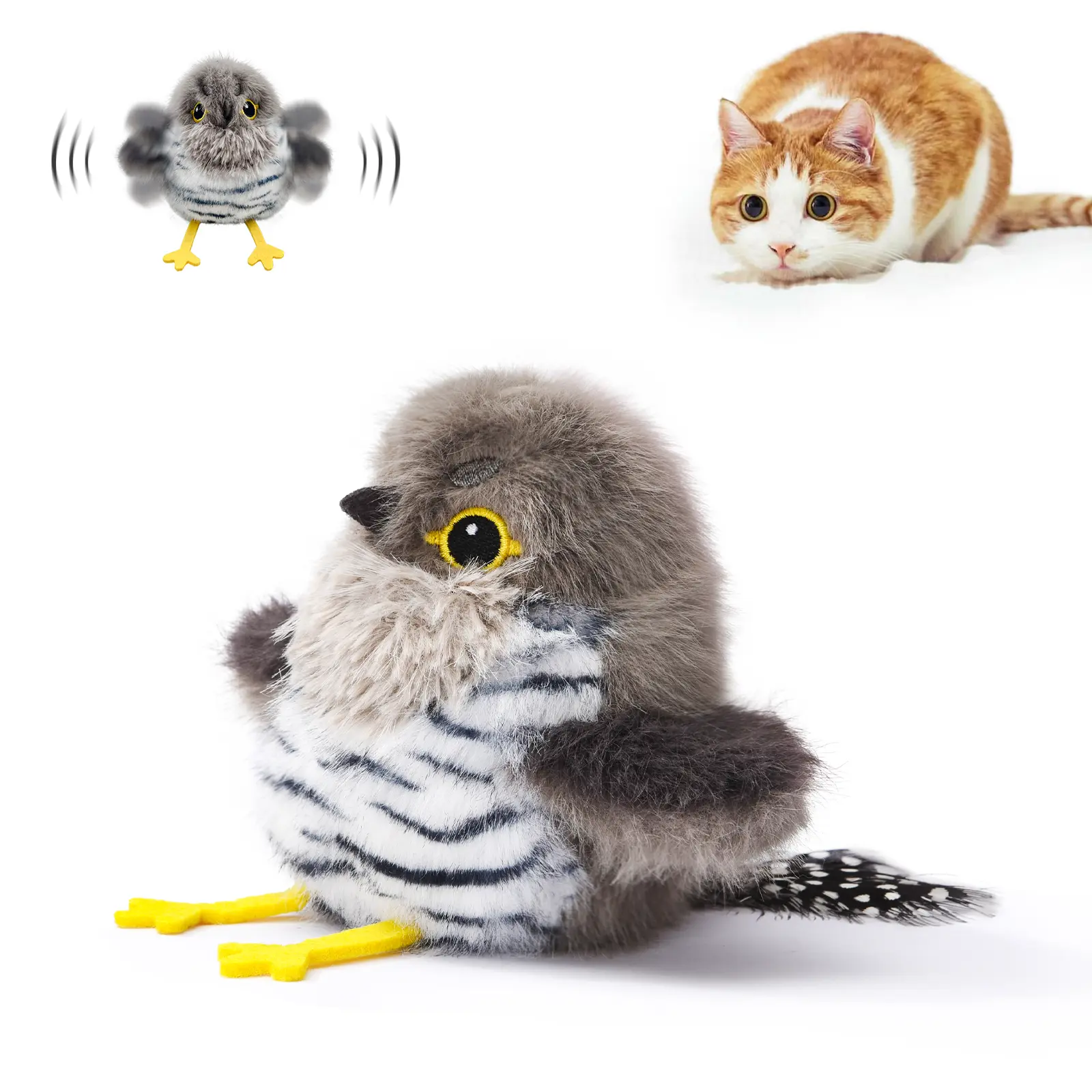 Petgravity Chubby Chirpie Flapping Bird Cat Toy - Non-Flying, Touch-Activated, Rechargeable, Lifelike Chirps Sound, Animal Print, Exercise Aid for Kittens and Pet Lovers (Summervibes)