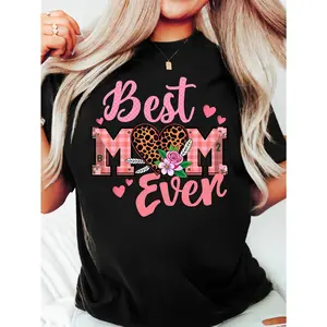Girls' Short-Sleeve Round Neck Cotton Knit T-Shirt - Leopard Print Letters & Graphic Design, Lightweight Fit, S-XXL Sizes for 3Y-13Y Casual & Lounge Wear, Mother's Day Gift
