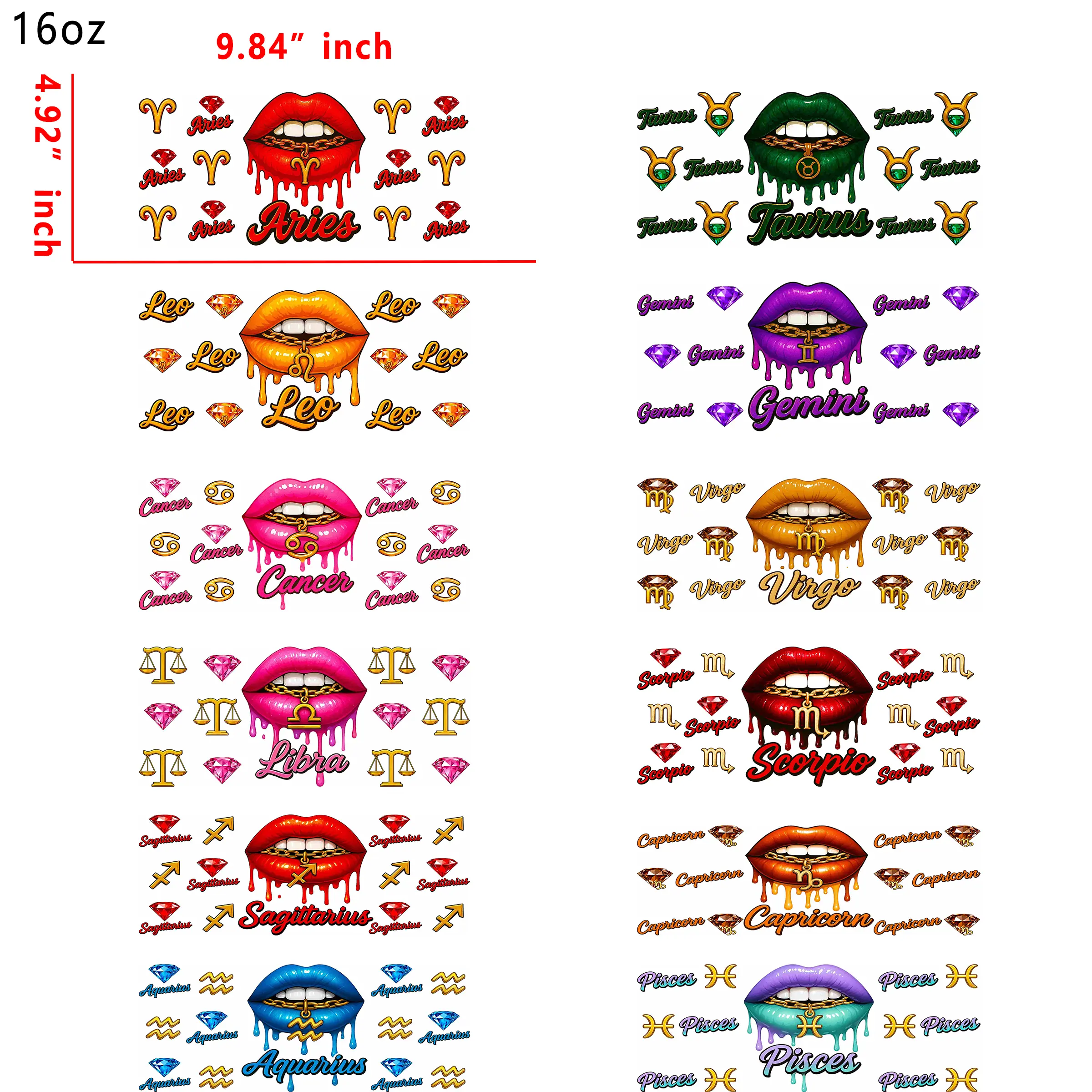 (T43) 12pcs lip zodiac signs 16OZ Tumbler Cup Wraps, Waterproof Fade-Resistant Decal Stickers, Vivid HD Print with Strong Adhesion, Customizable Transfers for Glass Cups, Mugs & Smooth Surfaces, DIY Art Craft Supplies