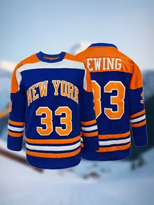 Men's #33 Blue Orange New York Hockey Jersey, Classic Vintage Full Embroidered Athletic Jersey, Moisture-Wicking Heavy-Duty Mesh Long Sleeve Sports Shirt for Game Day Tailgate Streetwear Daily Casual Wear