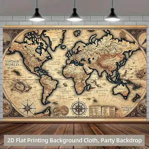1pc 2D Flat Vintage World Map Backdrop - Detailed Polyester Wall Decor with Compass & Mountain Illustrations, Ideal for Home, Office, Party, and Studio Props, No Electricity Needed, Party Backd