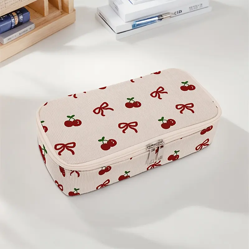 Creative Cherry Bow Print Large Capacity Pencil Case, Pencil Holder, Durable Multi-Functional Storage Bag, Portable Zipper Box for School Office Supplies, Office Accessories