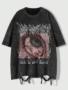 Y2K Grunge Child of God T-Shirt, Vintage Washed Eye Print Graphics Loose Fit Top, Sporty Rock Band Shirt for Streetwear Style Vibe