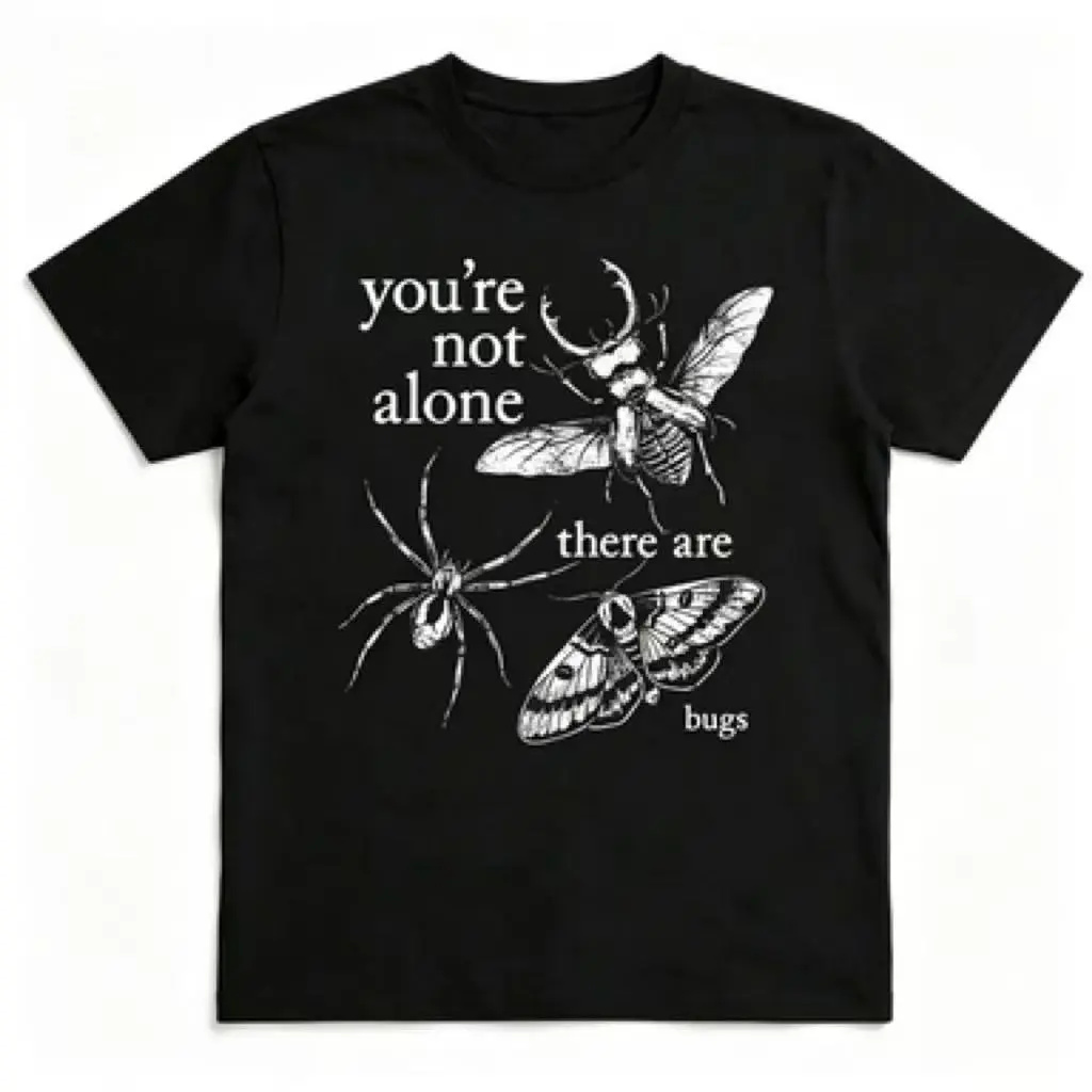 Men's Short-Sleeve Unisex T-Shirt - "You're Not Alone" Design, Bugs, Spider, Moth, Stag Beetle, Dark Cottagecore Theme