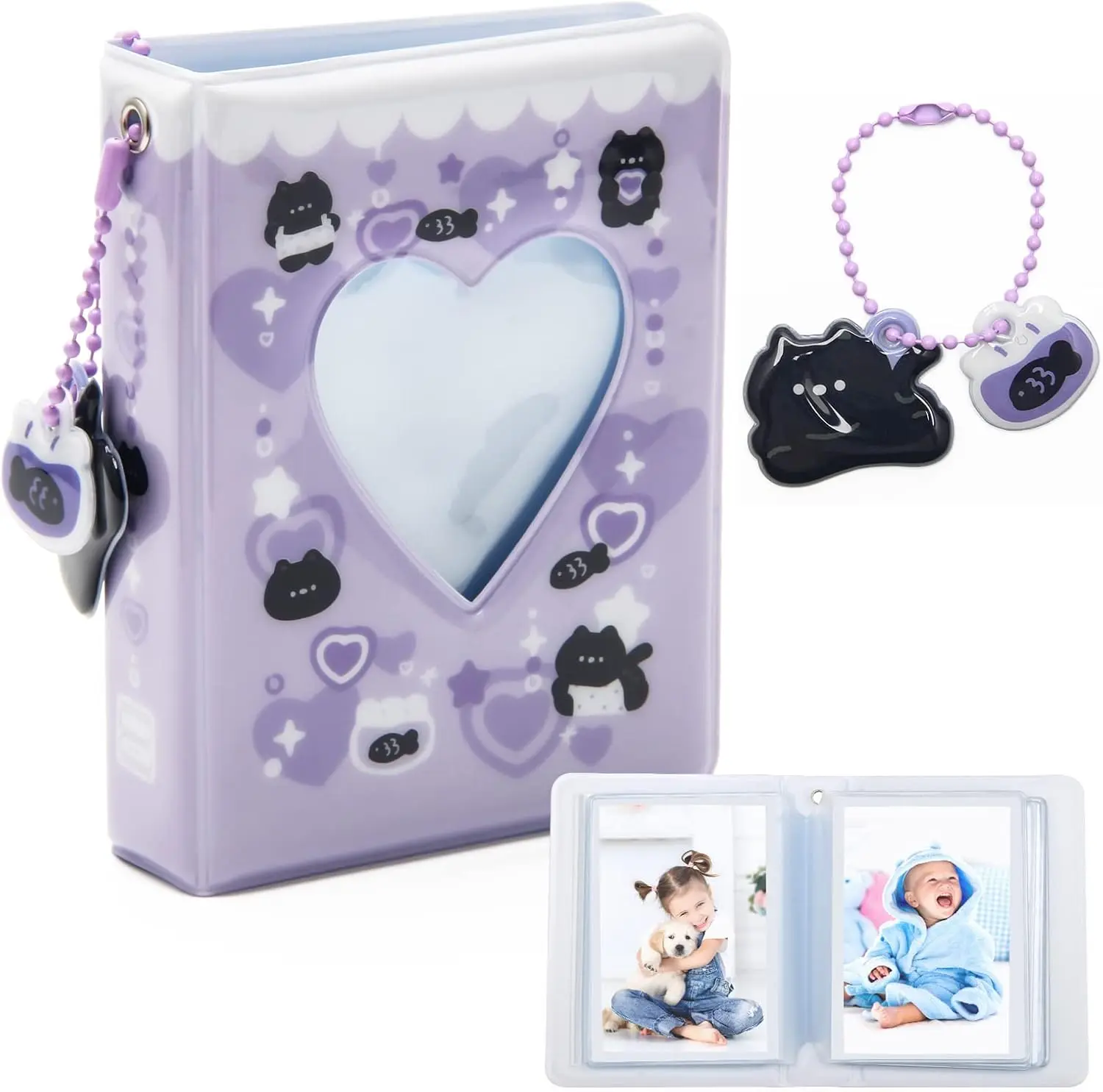 Mini Photo Card Album Kpop Photo Card Folder with Purple Black Cat Pendant Heart Shaped Hollow Design for Collecting Pictures 11cm Ideal Gift for Kpop Fans