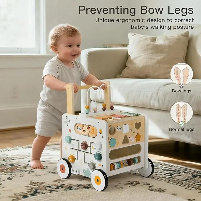 Baby Push Walker with Activity Cube, Montessori Toys, Shape Sorter, Rounded Edges, Speed Control, Grows with Child